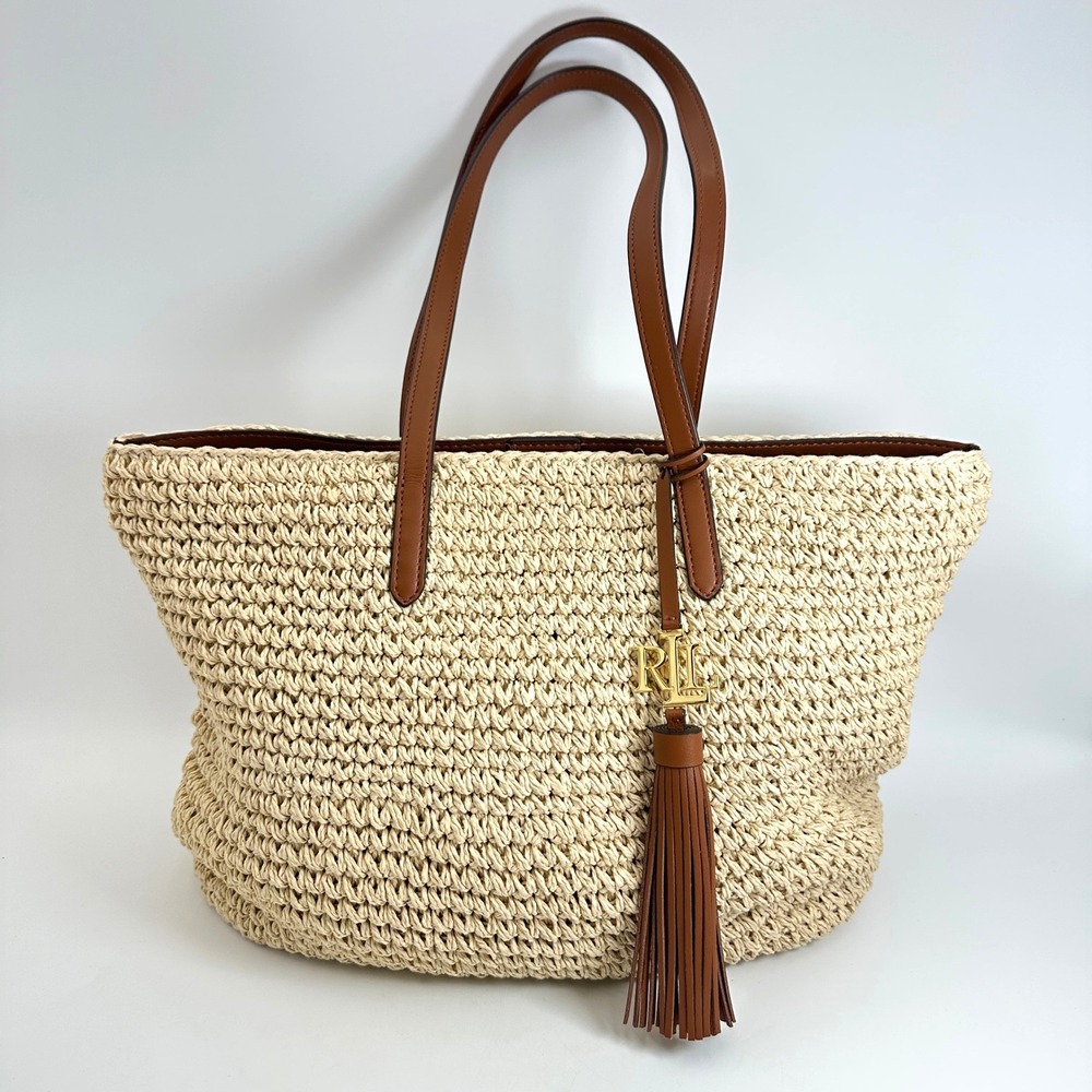 Lauren Ralph Lauren Tote Womens Beige Tan Straw Woven Crochet Tassel EUC